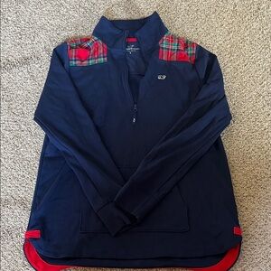 Vineyard Vines Navy Quarter-Zip Pullover with Red Plaid Shoulders